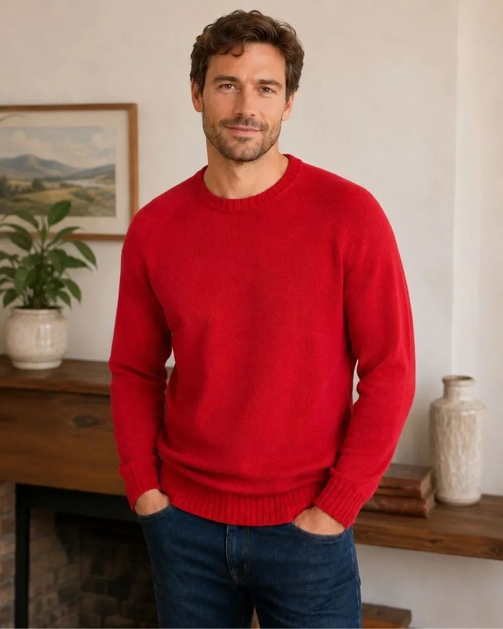 Lands’ End Men’s XL Red 100% Cotton Crewneck Sweater Classic Knit Pullover #1700